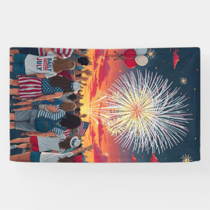 Patriotic 4th of July Fireworks Celebration Crowd  Banner