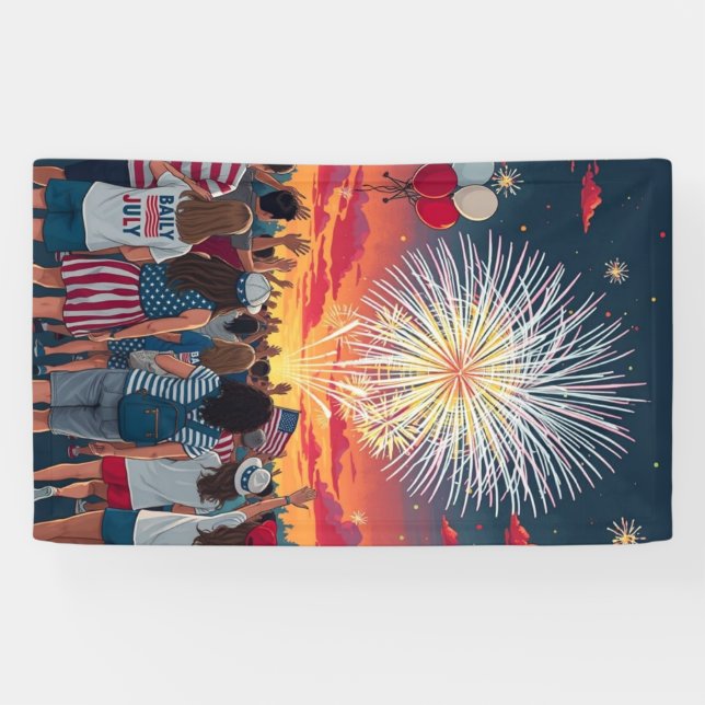 Patriotic 4th of July Fireworks Celebration Crowd  Banner (Horizontal)