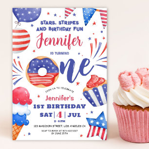 Patriotic 4th of July Girl 1st Birthday Invitation