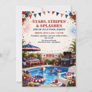 Patriotic 4th of July Pool Party - Red White Blue Invitation