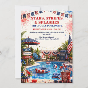 Patriotic 4th of July Pool Party - Red White Blue Invitation