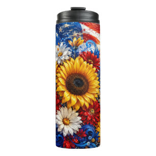 Patriotic 4th of July Sunflower American Flag Thermal Tumbler
