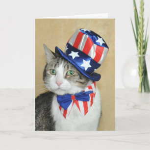 Patriotic 4th of July tabby and white cat card