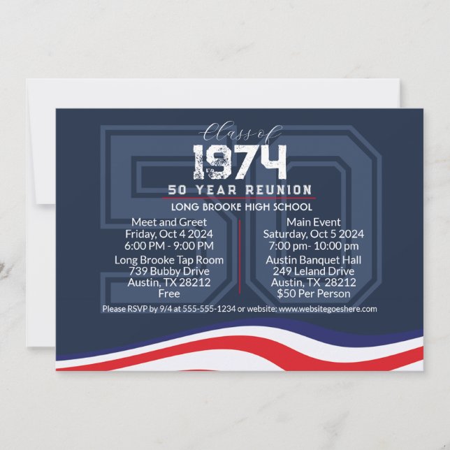 Patriotic 50 Year High School Reunion Varsity Invitation (Front)