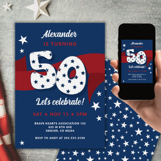 Patriotic 50th Birthday Party Red White Blue Stars Invitation