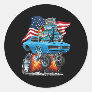Patriotic 60s Muscle Car Funny Dragster Usa Hotrod Classic Round Sticker