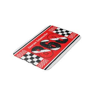 PATRIOTIC 868 Your Name   Chequered Flag on RED Bath Mat
