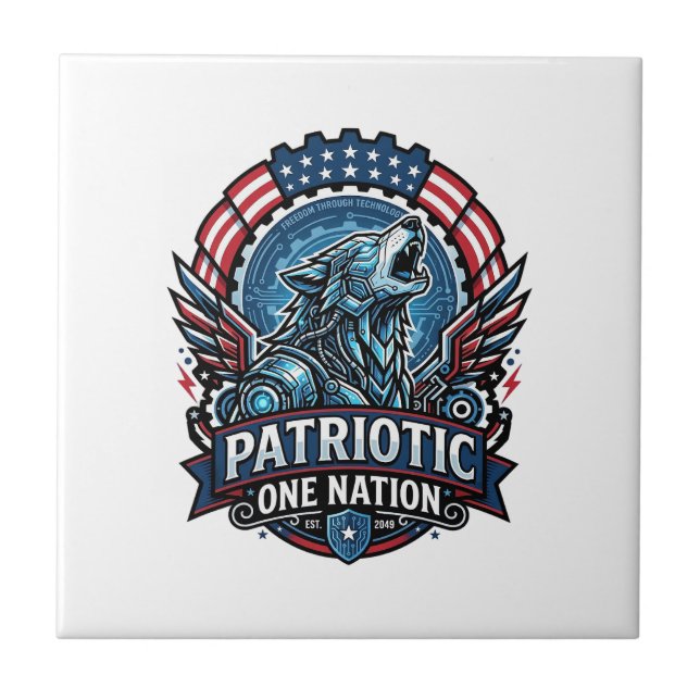 Patriotic Ai Freedom Wolf Cyberpunk Future Freedom Ceramic Tile (Front)
