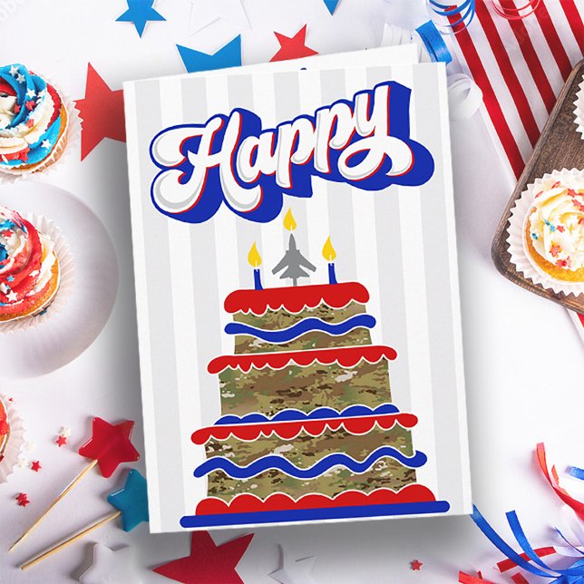 Patriotic Air Force Custom Military Happy Birthday Card (US Air Force personalized name Happy Birthday card, camouflage birthday cake, airplane, festive)