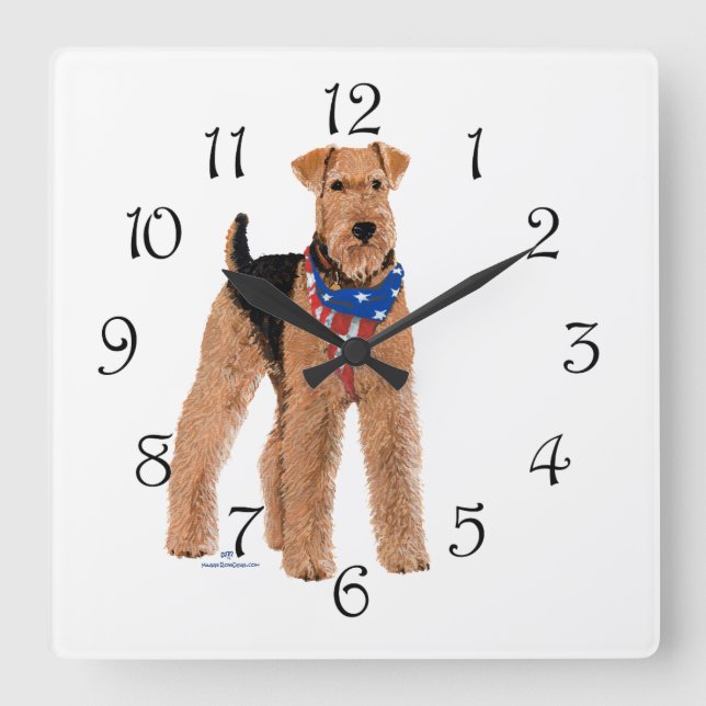 Patriotic Airedale Terrier Square Wall Clock (Front)