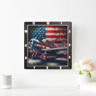 Patriotic Airplane with American Flag Square Wall Clock