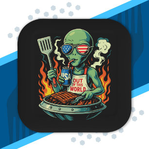 Patriotic Alien BBQ Grill American Flag Sunglasses Paper Plate