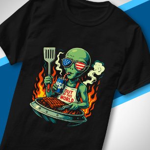 Patriotic Alien BBQ Grill American Flag Sunglasses T-Shirt