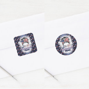 Patriotic All American Mama Messy Bun Square Sticker