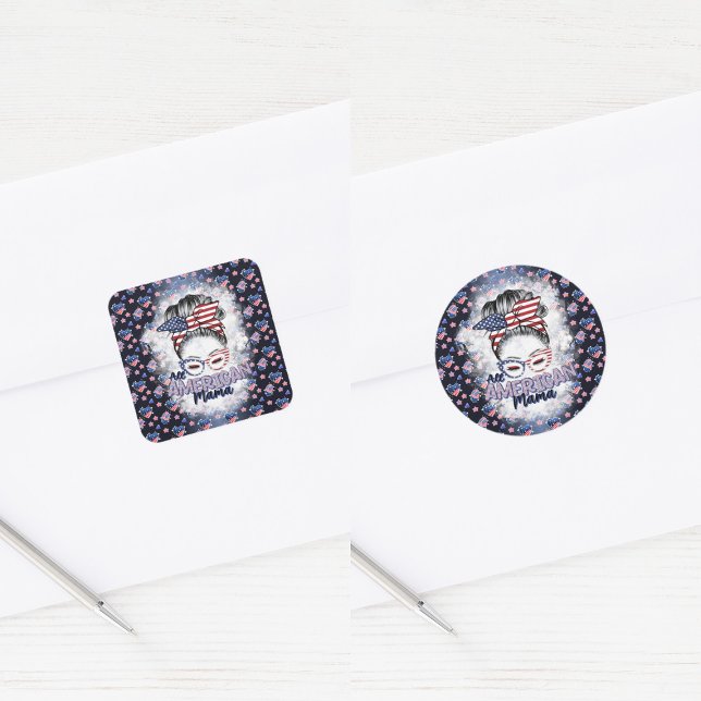 Patriotic All American Mama Messy Bun Square Sticker (Creator Uploaded)