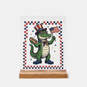 Patriotic Alligator Hot Dog Flag Vintage Shirt Des Acrylic Sign