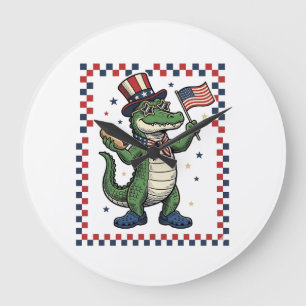 Patriotic Alligator Hot Dog Flag Vintage Shirt Des Large Clock