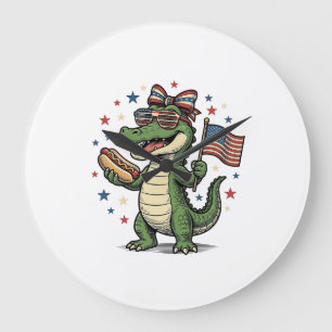 Patriotic Alligator Hot Dog Vintage Vector Shirt ( Large Clock