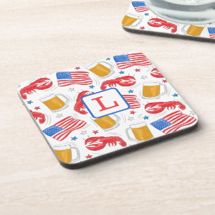 Patriotic America Flag Beer Lobster Monogram Coaster