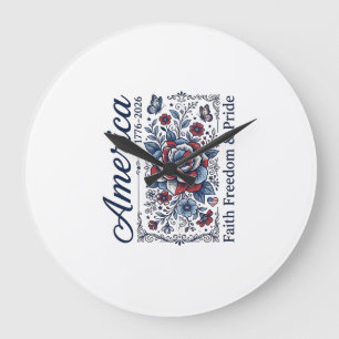 Patriotic America Floral Vintage Shirt Design_1 Large Clock