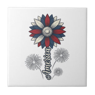 Patriotic America Flower Fireworks Vector Design_1 Ceramic Tile