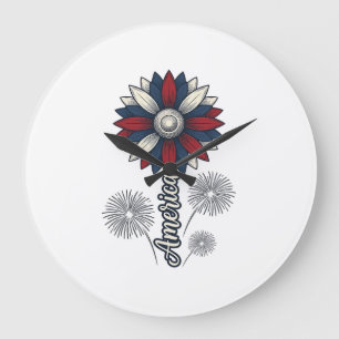 Patriotic America Flower Fireworks Vector Design_1 Large Clock