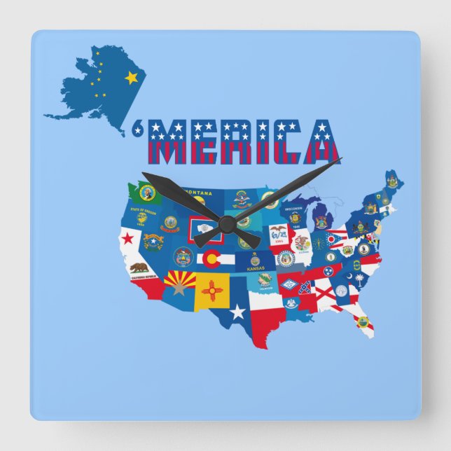 Patriotic America Map With States Flags Wall Clock (Front)