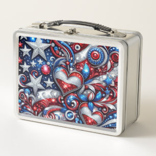 Patriotic American bling swirls stars hearts  Metal Lunch Box