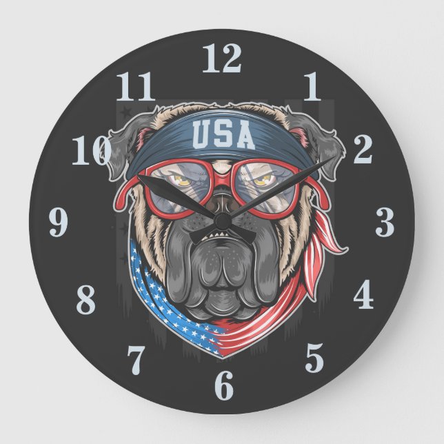 Patriotic American Bulldog  Large Clock (Front)