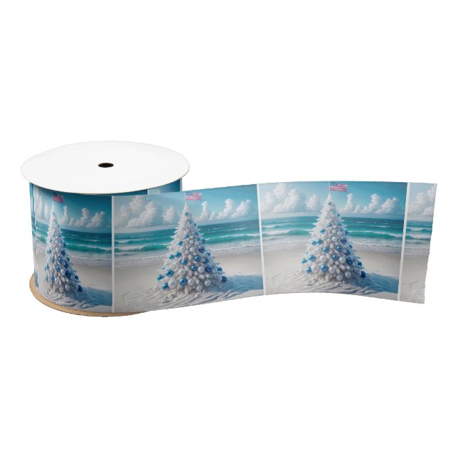 Patriotic American Christmas Tree On a Beach Satin Ribbon (Spool)