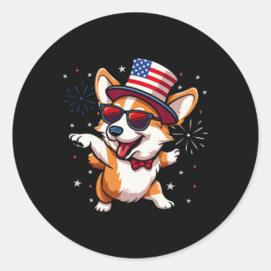 Patriotic American Corgi Dancing Usa Flag Dog 4th Classic Round Sticker
