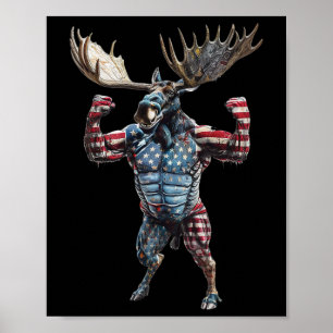 Patriotic American Flag 4th Of July Funny Moose Hu Poster