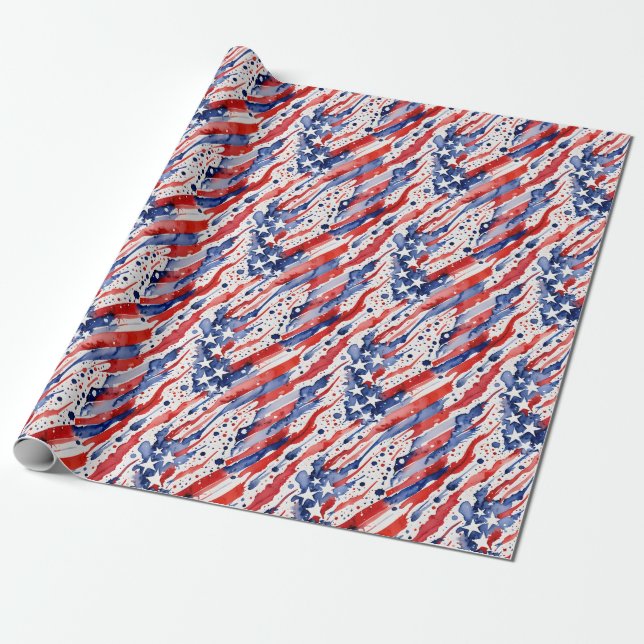 Patriotic American Flag Abstract Paint Splash Wrapping Paper (Unrolled)