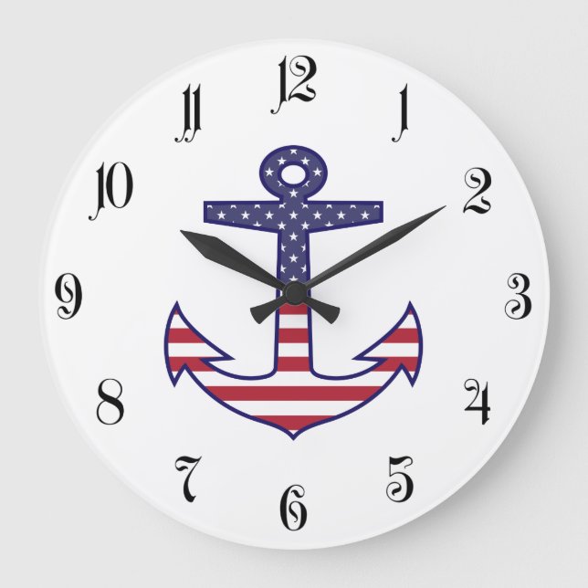 Patriotic American Flag Anchor Nautical Large Clock (Front)