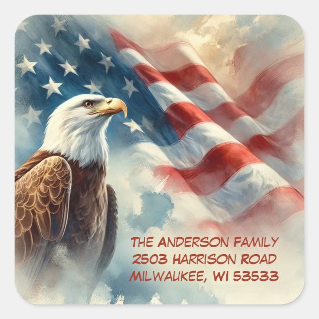 Patriotic American Flag and Bald Eagle Address  Square Sticker (Front)