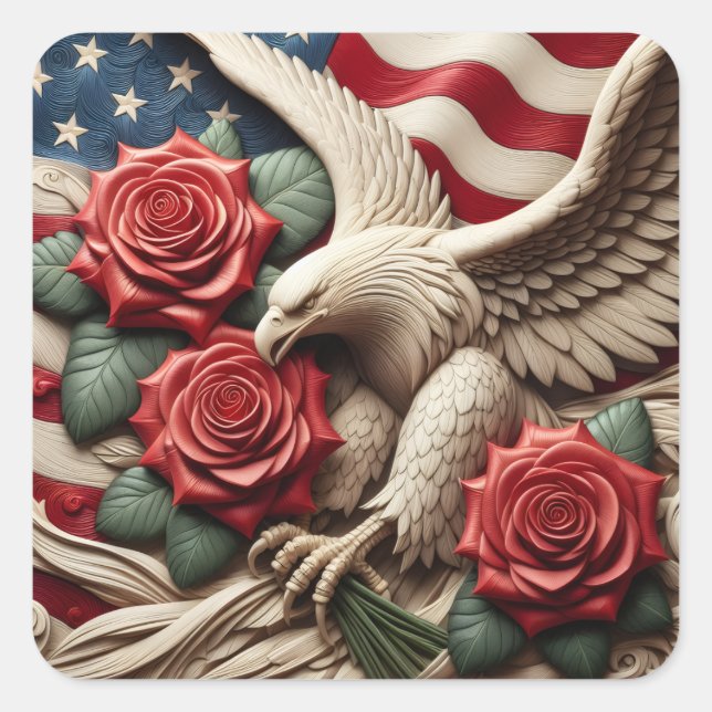 Patriotic American Flag and Eagle Square Sticker (Front)