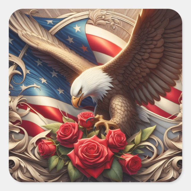 Patriotic American Flag and Eagle Square Sticker (Front)