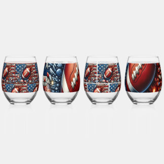 Patriotic American Flag and Football Sports Stemless Wine Glass