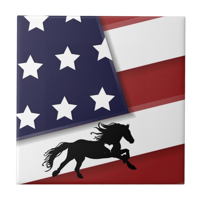 Patriotic American Flag and Silhouette Horse Ceramic Tile (Front)