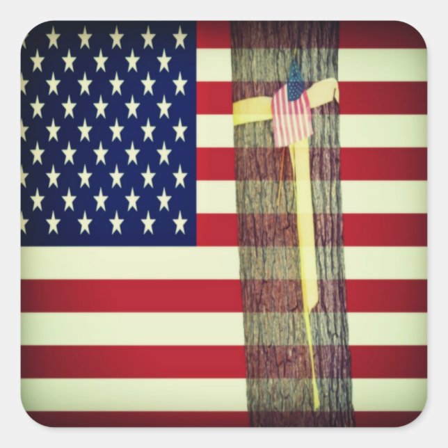 Patriotic American Flag and Yellow Ribbon Sticker (Front)