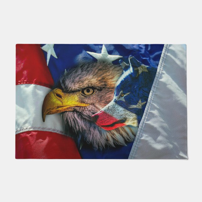 Patriotic American Flag Bald Eagle Wolf Doormat (Front)