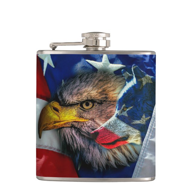 Patriotic American Flag Bald Eagle Wolf Hip Flask (Front)