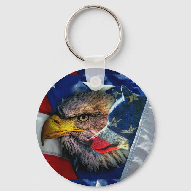 Patriotic American Flag Bald Eagle Wolf Key Ring (Front)