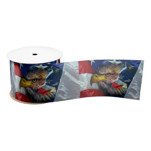 Patriotic American Flag Bald Eagle Wolf Satin Ribbon