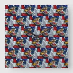 Patriotic American Flag Bald Eagle Wolf Square Wall Clock
