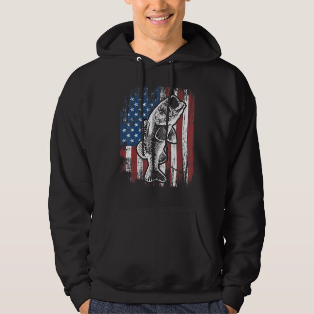 Patriotic American Flag Bass Fishing Fathers Day M Hoodie (Front)