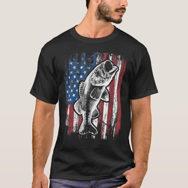 Patriotic American Flag Bass Fishing Fathers Day M T-Shirt (Front)