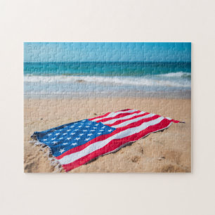 Patriotic American Flag Beach Towel on the Sand Jigsaw Puzzle