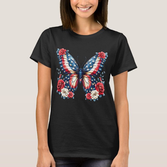 Patriotic American Flag Butterfly And Flowers T-Shirt (Front)