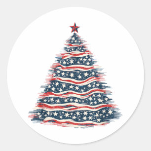 Patriotic American Flag Christmas Tree Classic Round Sticker